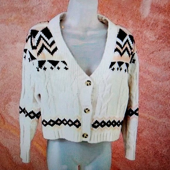SAGE & OAK CARDIGAN CROPPSWEATER  Fair Isle Cream/Pink/Black Women' LARGE Chunky - Picture 1 of 3